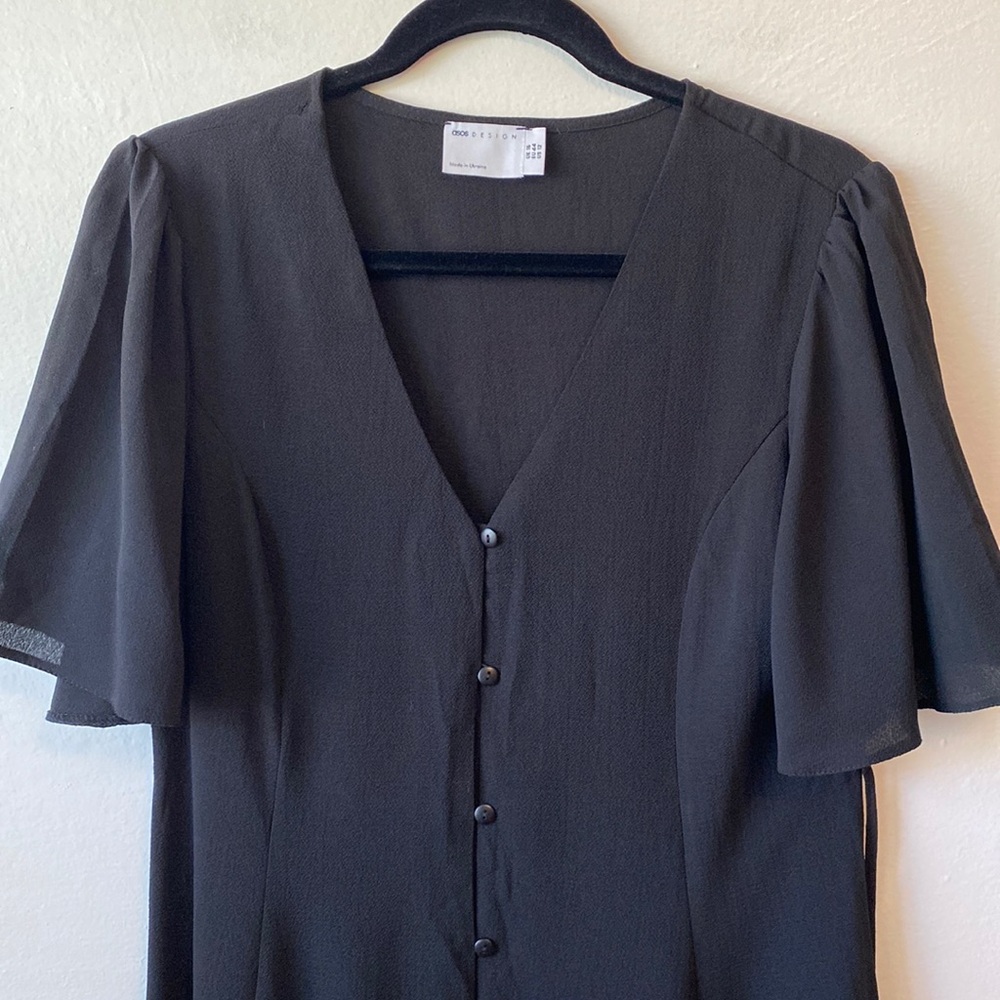 ASOS DESIGN US12 black poly crepe chiffon button up dress with tie belt